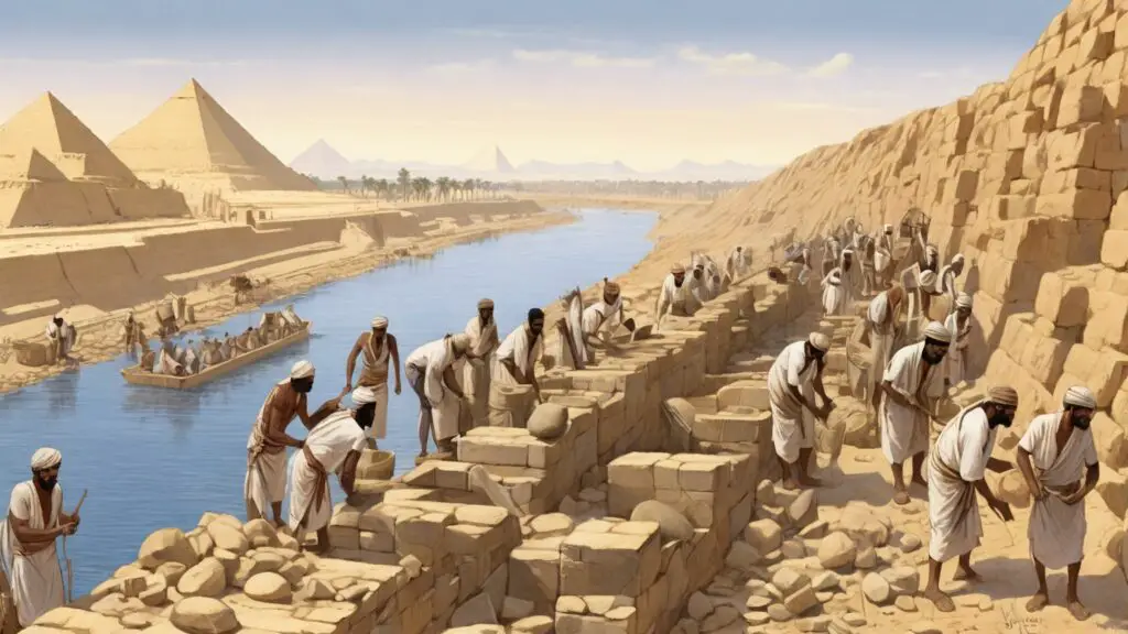 Ancient Egyptian workers and engineers building the Sadd el-Kafara dam