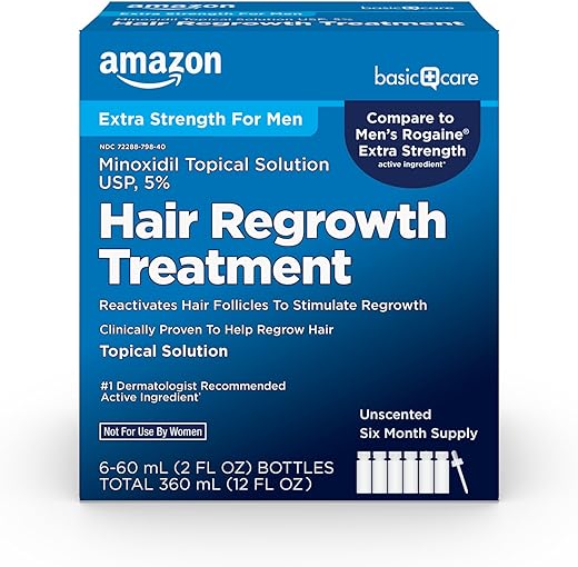 Amazon Basic Care Minoxidil Topical Solution USP 5%, Extra Strength Hair Regrowth Treatment for Men, 6 Month Supply, Unscented, 2 fl oz (Pack of 6)