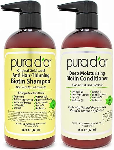 PURA D'OR Anti-Thinning Biotin Shampoo & Hair Regrowth Conditioner Original Gold Label Set (16Oz x2) Natural Earthy Scent, Clinically Tested Proven Results, DHT Blocker Thickening, For Women & Men