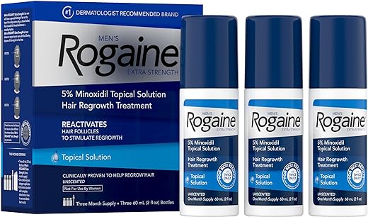 Rogaine Men's Extra Strength 5% Minoxidil Topical Solution for Thin Hair, Hair Loss Treatment to Regrow Fuller, Thicker Hair, 3-Month Supply, 3 x 2 fl. oz