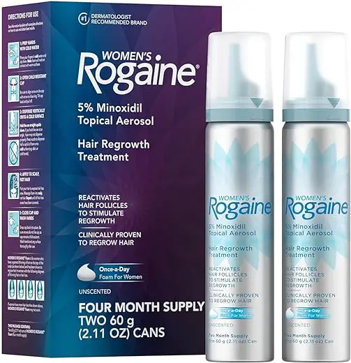 Rogaine Women's 5% Minoxidil Foam, Topical Once-A-Day Hair Loss Treatment for Women to Regrow Fuller, Thicker Hair, Unscented, 4-Month Supply, 2 x 2.11 oz