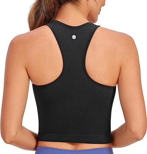 CRZ YOGA Womens Seamless Ribbed Longline High Neck Sports Bra - Racerback Padded Slim Fit Crop Tank Top with Built in Bra