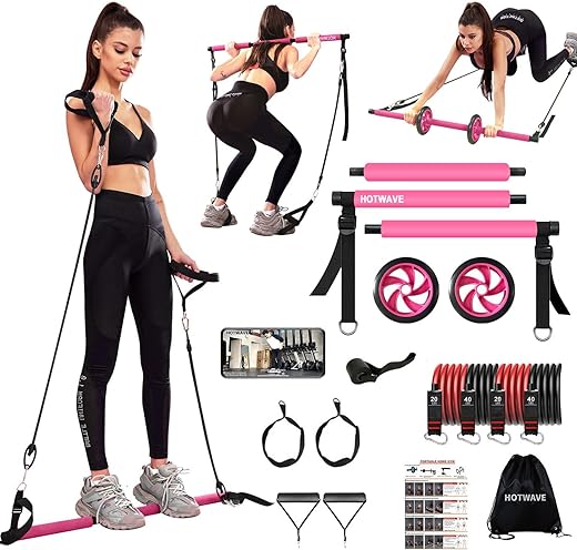 HOTWAVE Pilates Bar Kit with Resistance Bands, Exercise Bar with AB Roller,Yoga Stretching Squat,at Home Workout Equipment