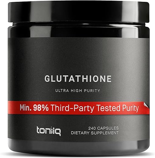 Toniiq Ultra High Strength Glutathione Capsules - 1000mg Concentrated Formula - 98%+ Highly Purified and Bioavailable - Non-GMO Fermentation - 240 Capsules Reduced Glutathione Supplement